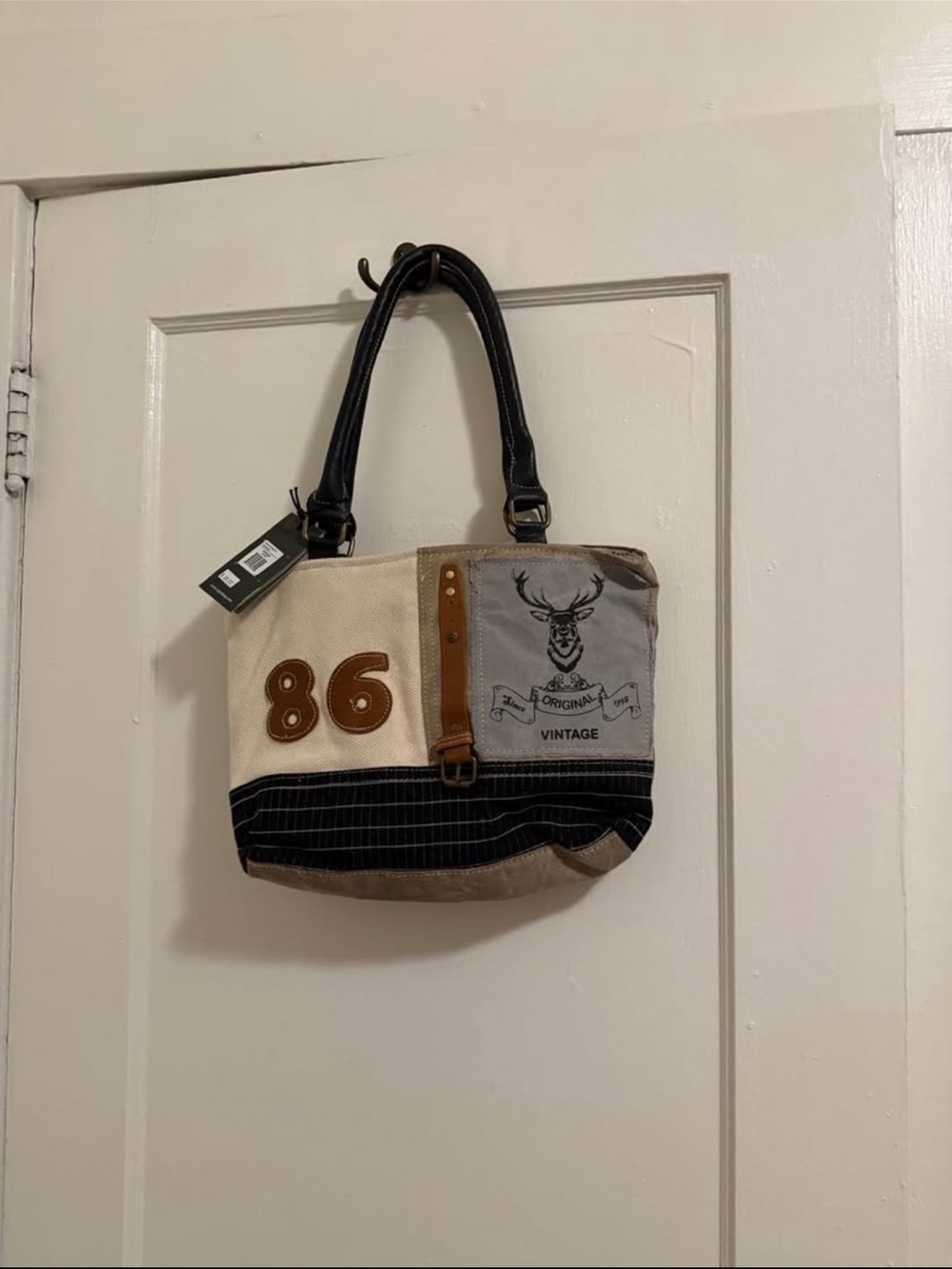Myra Bag Beige & Brown Canvas Laptop Tote with Deer Graphic
